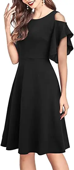 

Women's Crew Neck Cold Shoulder Ruffles Flutter Sleeves A-Line Short Evening Dress