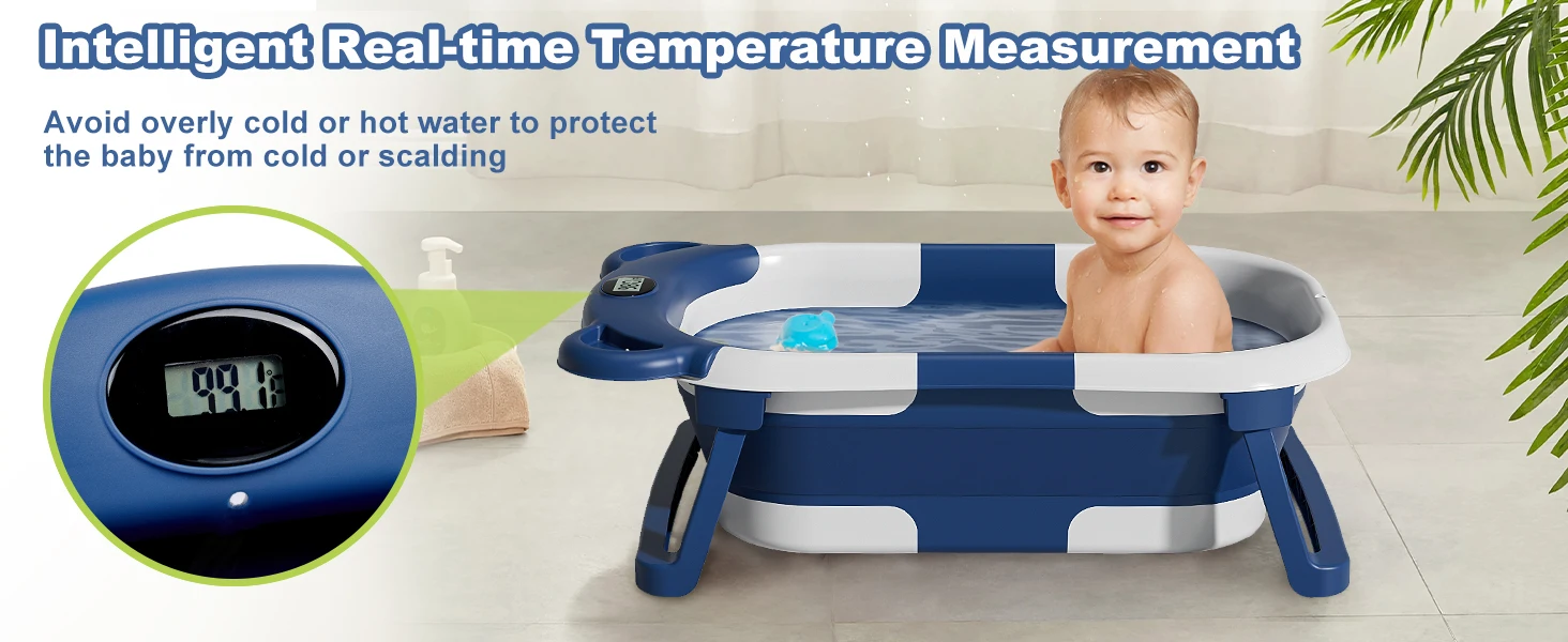 Zusammenklappbare Babybadewanne für Neugeborene mit Thermometer und 1 weichem schwimmendem Kissen, tragbare Reisebadewanne mit Abflussloch, Babywannen – Detail 1