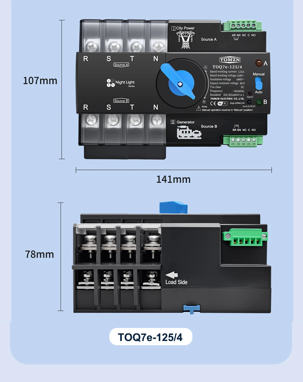 110V 120V Three Phase WIFI smart ATS Dual Power Automatic TransferSelector Switc
