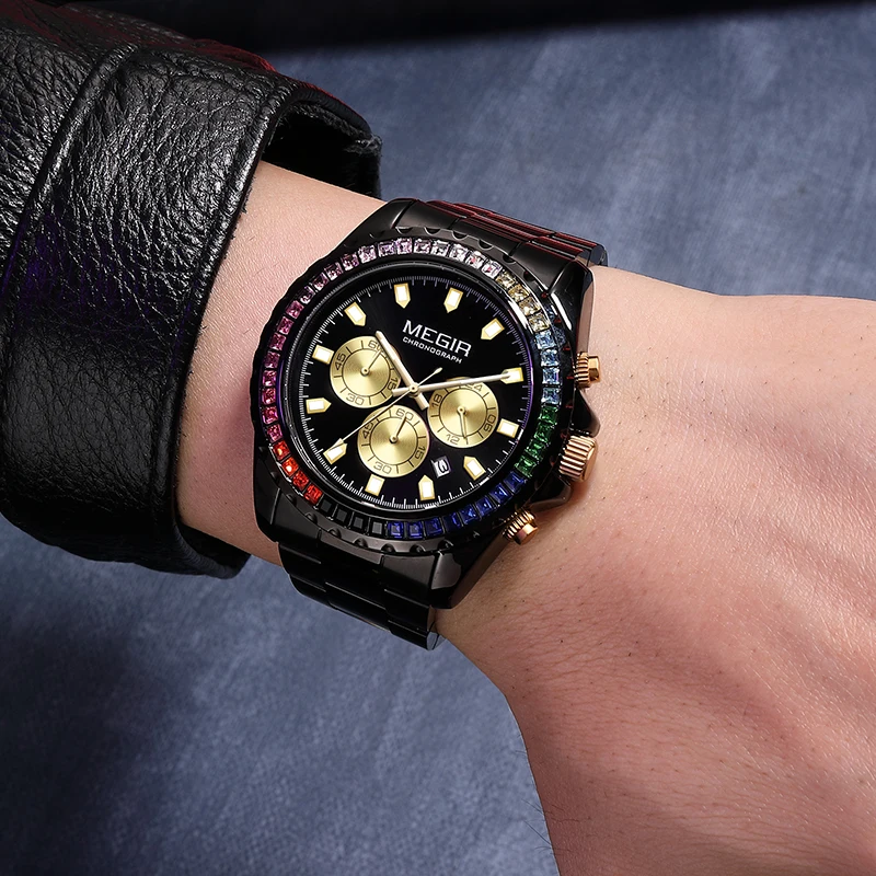 MEGIR Brand Luxury Diamond Stainless Steel Gold Quartz Watch for Men Waterproof Luminous Chronograph Watch Men Relogio Masculino