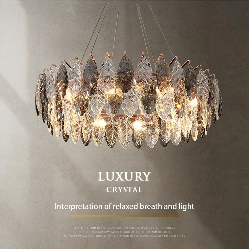 

Modern Luxury Living Room Crystal Chandelier Creative Leaf Shaped Crystal Hanging Light Dining Room Gold Ring Lighting Fixtures