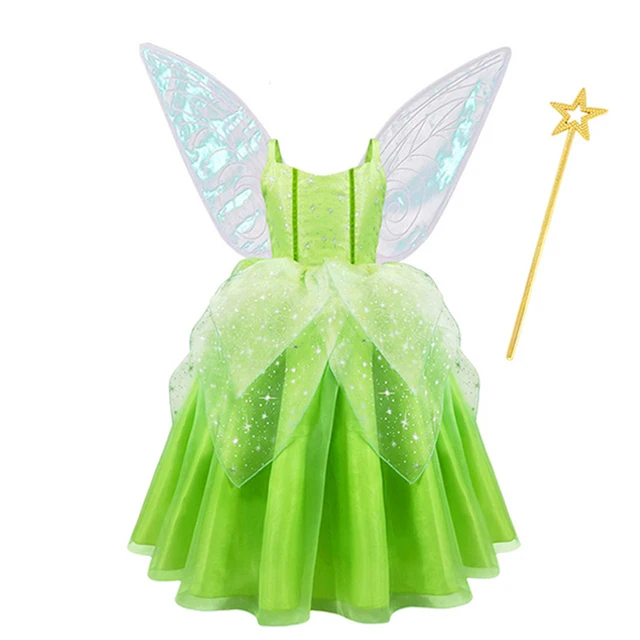 thumbnail image 1 of Disney-disfraz de princesa Tinker Bell para niñas, vestido de hada de las flores verdes, disfraz de elfo con purpurina, ala de mariposa, fiesta de Halloween, 1 of 5