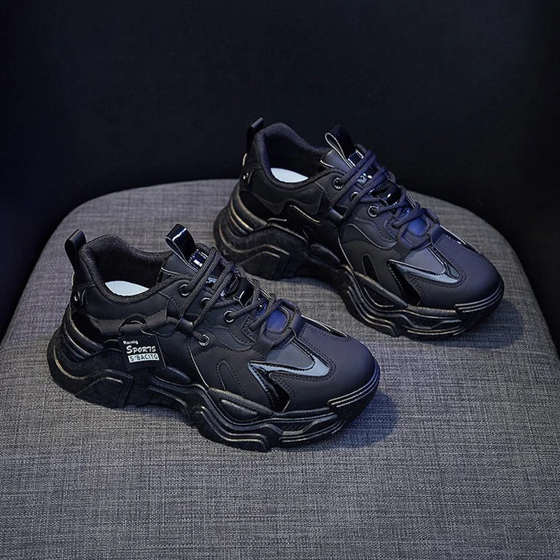 Women's Shoes Platform Autumn Leather 2023 New Versatile Black Casual Sneaker Solid Color Lace-up Vulcanize Shoes Tenis Feminino