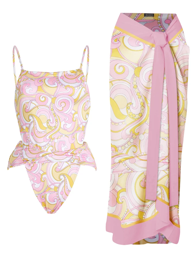 

Женский купальник с цветочным принтом, слитный купальник с тонкими бретельками и накидкой, купальный костюм с открытой спиной в пляжном стиле, 2023