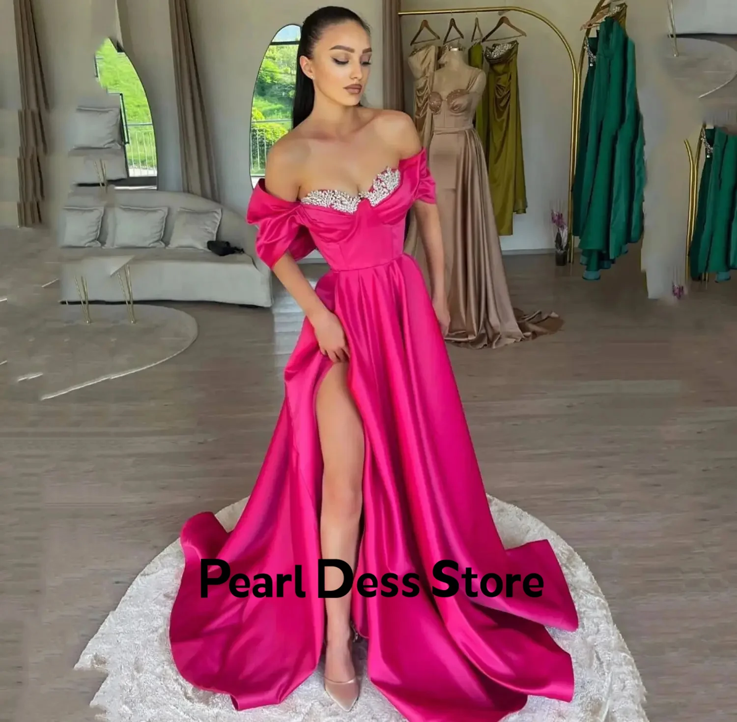 

Satin Evening Dress Women's 2024 Party Dress Women's Elegant Luxury Shining Decoration Chest Ball Dress Off the Shoulder