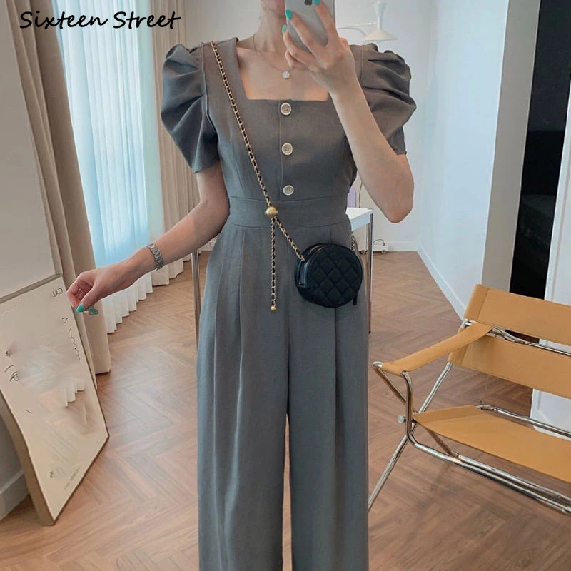 

Gray Chic Jumpsuit Women Korean Fashion Short Sleeve High Waist Overalls for Women Square Neck Business Elegant Jumpsuit OL