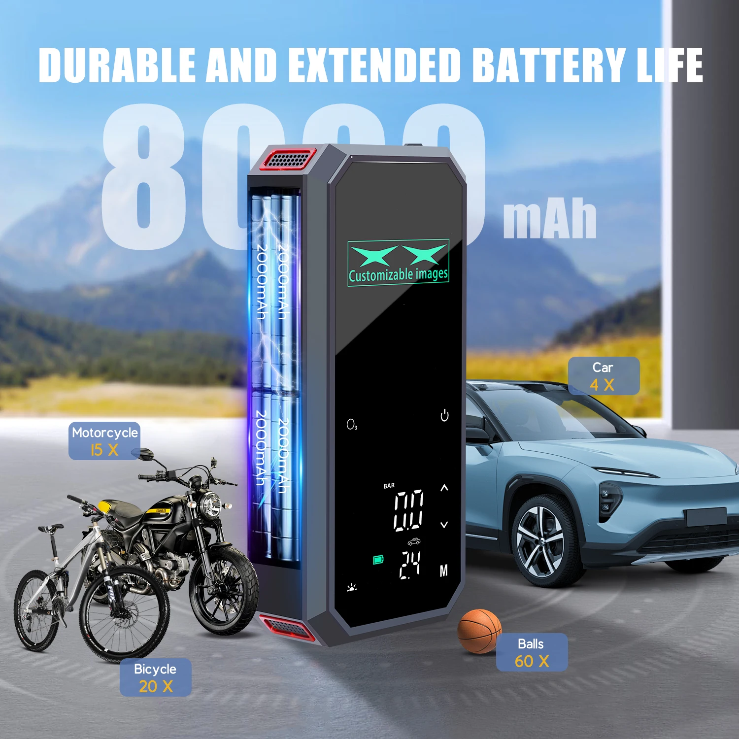 المحمولة 8000mah 5 في 1 ضاغط الهواء Fors ملحقات السيارة المستجدات مضخة اسطوانة مزدوجة منفاخ لإطارات السيارة التعقيم في حالات الطوارئ