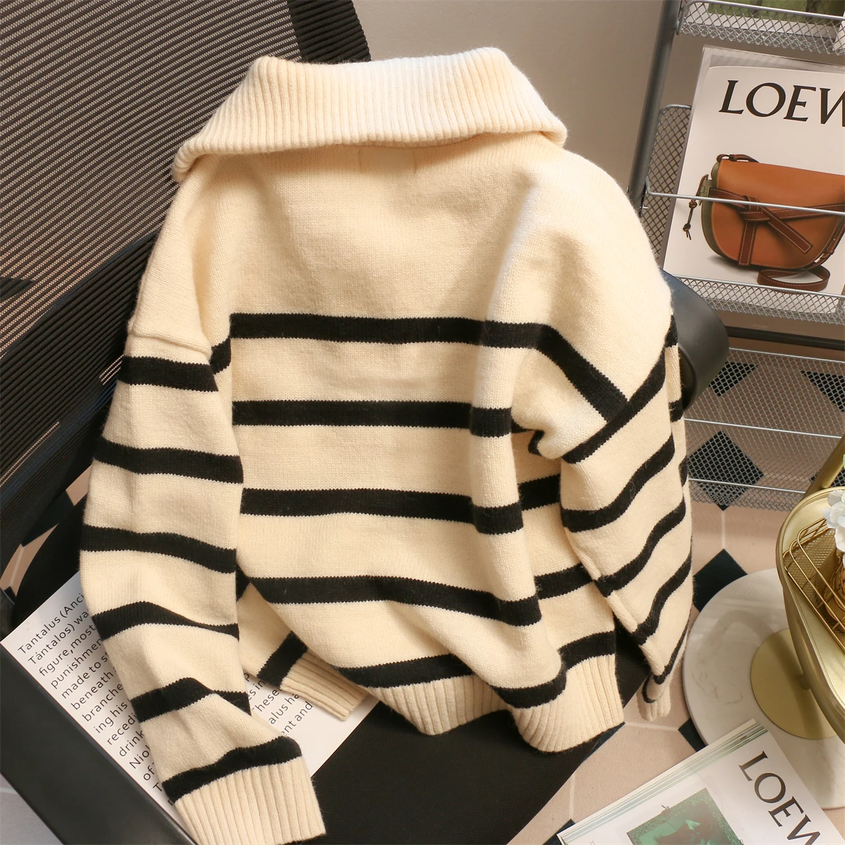 Women Sweater Oversize Zipper Knitted Pullover Long Sleeve Stripe Loose Ladies Sweaters Autumn Winter Women's Turtleneck