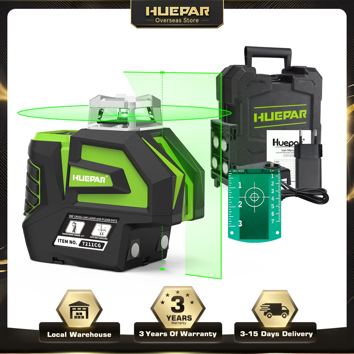 Huepar 7211CG Multi-lines Laser Level 4 Vertical 1 Horizontal Lines & 2 Plumb Dots Green Self-leveling Laser Tool with Hard Case