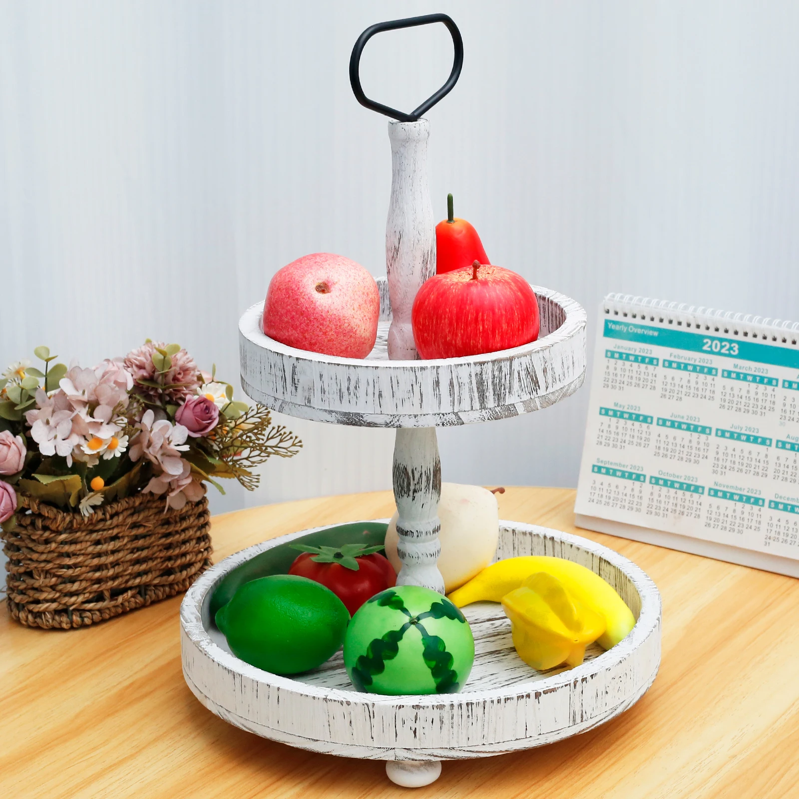 Fall Tiered Tray 2-Tier Wood Tiered Tray Decor Farmhouse Tiered Tray with Metal Handle Detachable Tiered Serving Tiered Tray