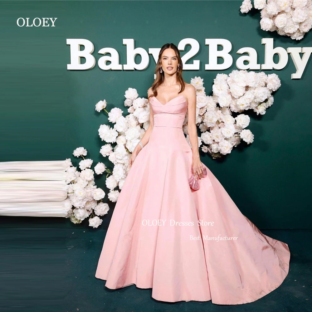 

OLOEY Simple Blush Pink Taffeta Korea Evening Dresses For Wedding Photo shoot V Neck Prom Gowns Party Long Celebrity Vestidos
