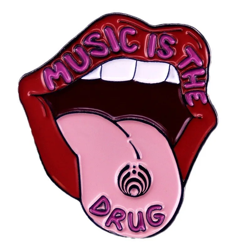Music Festival Badge Music Is The Drug Spilla In Metallo Hot Cool Red Lips Spille Smaltate Accessori Per Gioielli Di Moda Regali