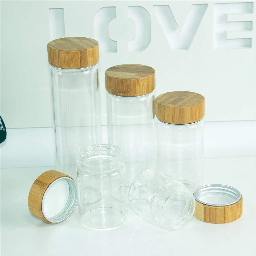 6units Glass Bottle with Aluminum Bamboo Double Cap 50ml 80ml 100ml 150ml 190ml Glass Storage Jars Candy Food Leak proof Bottles 5