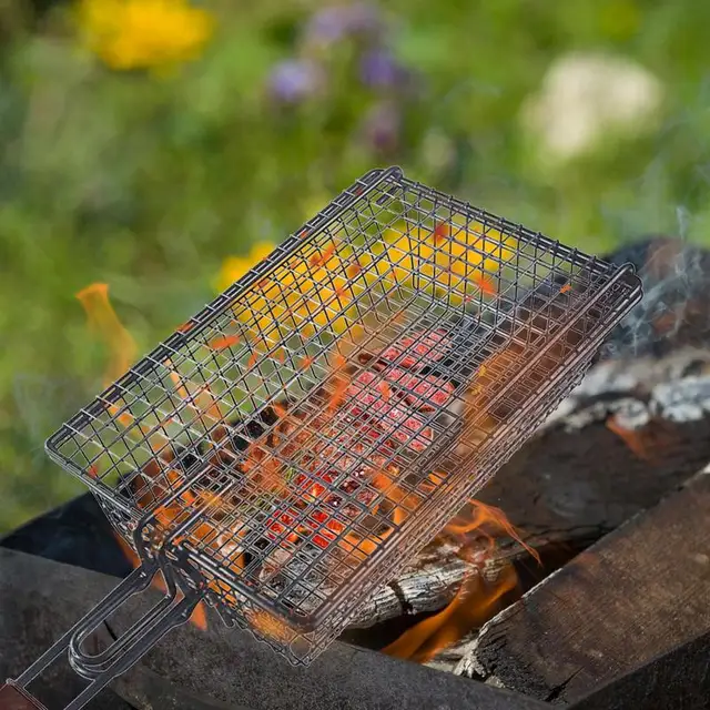 Grillező Kosár Grillezés Grill Rács Hordozható Kültéri Barbecue Nettó Mappa Bbq Szerszámok Sült Fa Fogantyú - Image 4