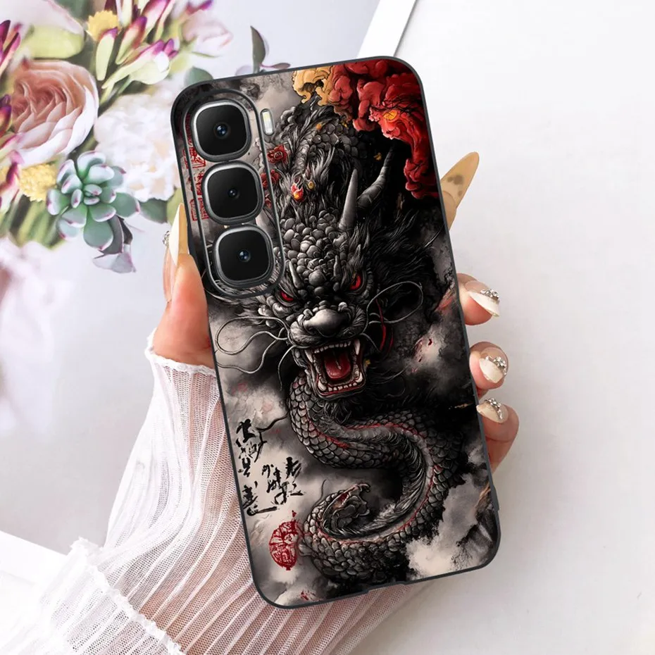 Enhanced Black Silicone Soft Phone Case with Cool Dragon, Wolf, and Tiger Design