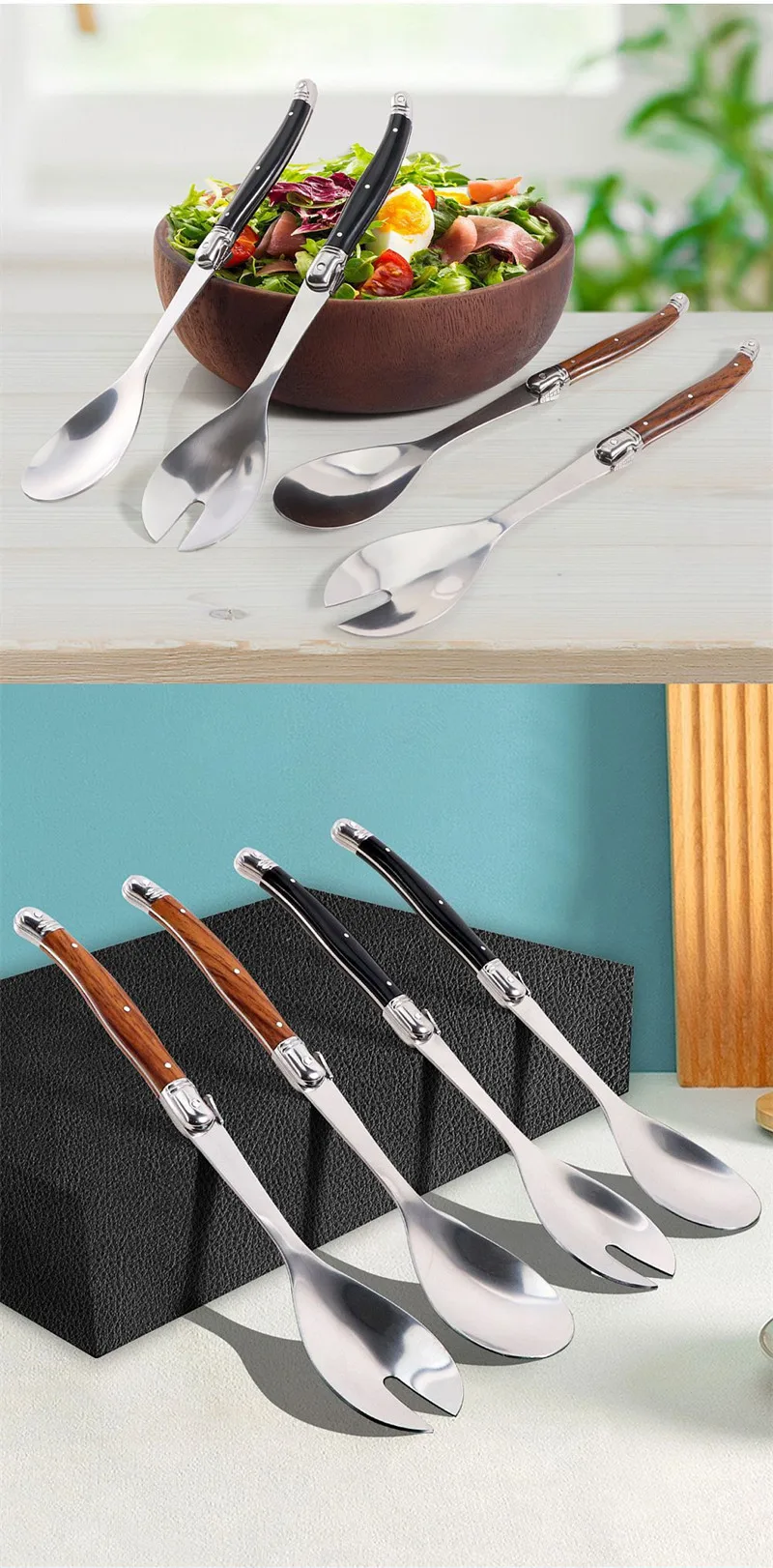 2-teiliges Salatlöffel-Gabel-Set, Salatservierer aus Edelstahl, Laguiole, schwarzer Kunststoffgriff, europäische Salat-Servierutensilien – Detail 5