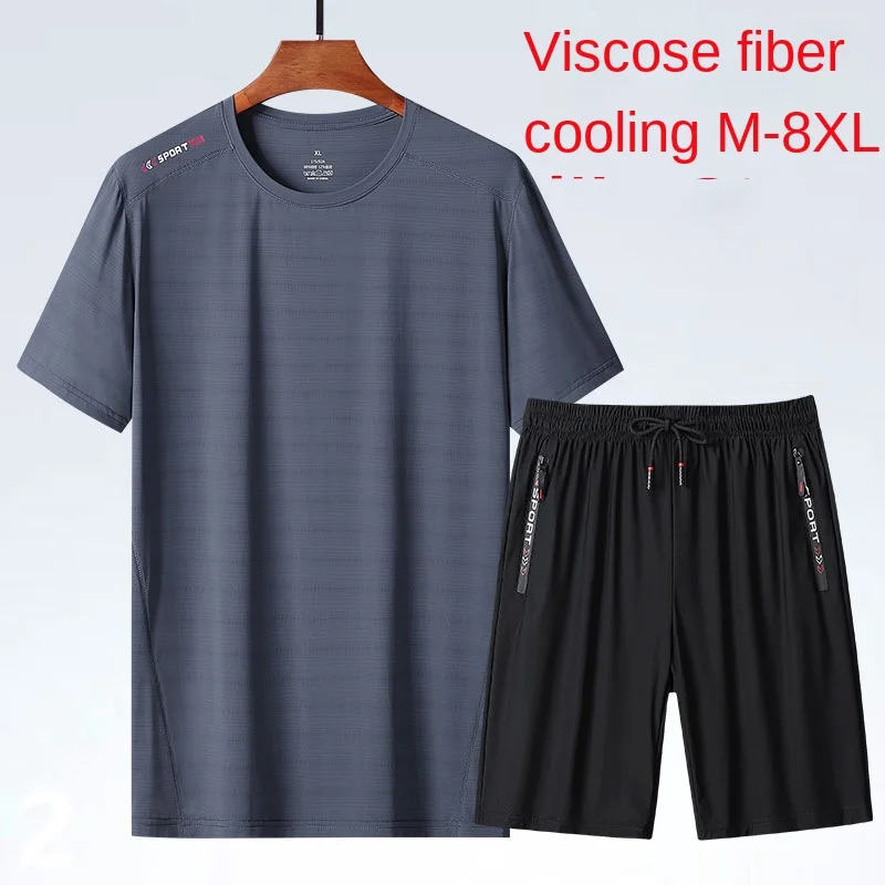 

Casual Men's Summer Thin Oversize 8XL Sports Suit 2 Piece Set Short-sleeve Ice Silk T-shirt Sportswear Two-piece Set Tracksuits