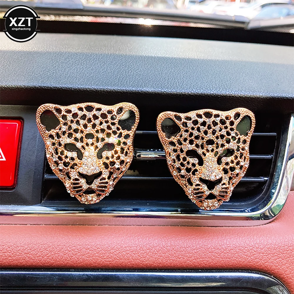 Car Air Vent Clip Charms Crystal Leopard Car Aromatherapy Essential Oil Diffuser Women Fashion Auto Decoration Charms Rhinestone