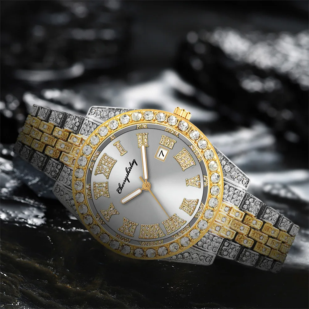 Full Iced Out Luxury Watch for Man Brand Diamond Womens Mens Watches Quartz Men's Watch Calendar Hip Hop Male Clock Gift for Men