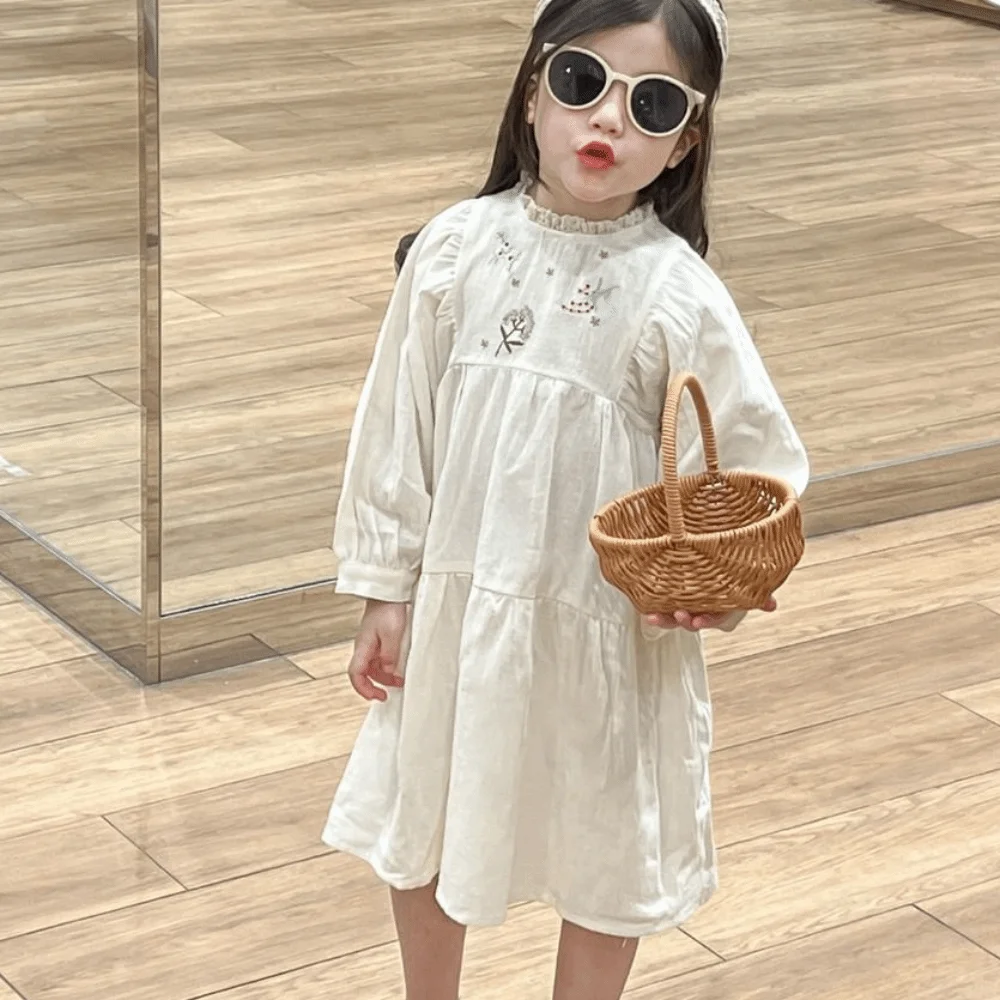 Embroidered Flowers Lace Princes Dress Pleated A-line Girls Long Dress Ballet Style Sweet Children Long Sleeved Dress Party