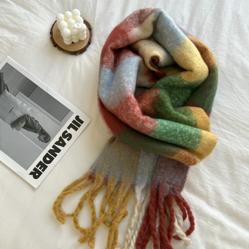 Sciarpa Colorata Donna A Righe Colorblock - Pashmina Morbida Invernale In Acrilico - Rossa E Fantasia