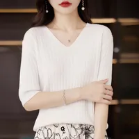 Women's Sweater Spring Summer Short Sleeve V-neck Knit Shirt Casual Korean Pullovers Stripe Bottoming Shirt Slim Fit Jumpers - Image 3