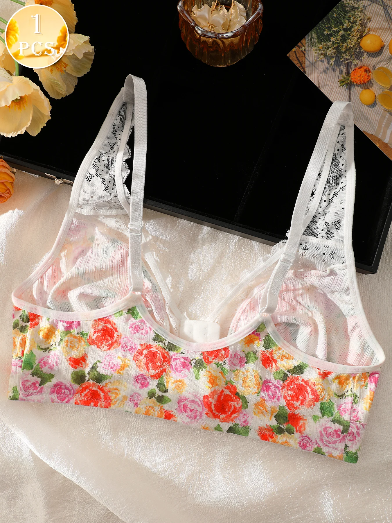 1pc Women's Floral Print Wireless Bra, Lace Trim Adjustable Straps Front Closure Comfort Bralette (S-XXL) 5
