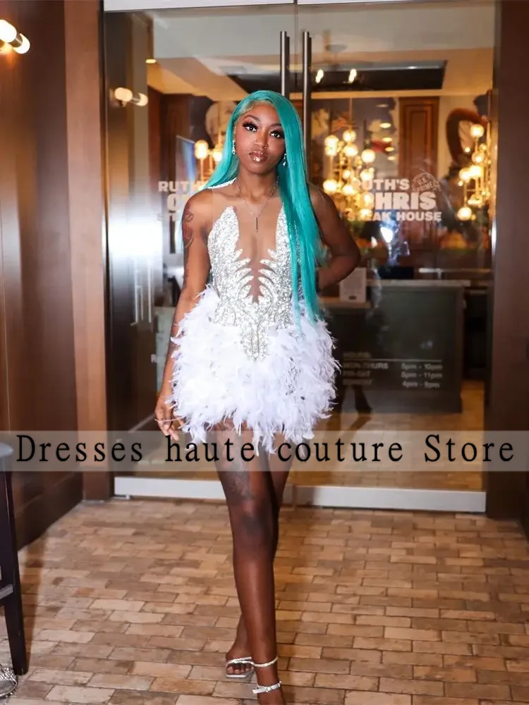 

White Feather Short Prom Queen Dresses Crystal Beaded Ostrich Sparkly Black Girl Sheer Mesh Birthday Formal Dress