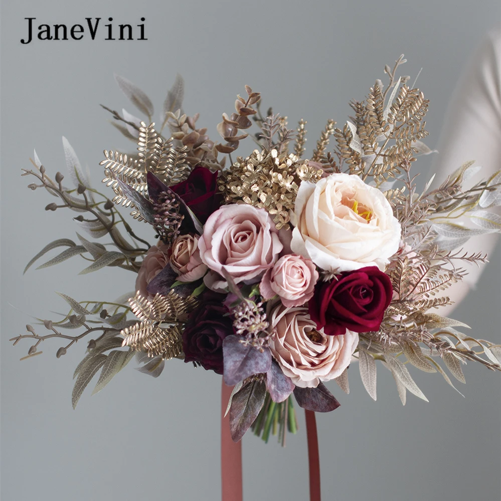 

JaneVini Vintage Champagne Pink Bridal Bouquets Handmade Silk Roses Wedding Bride Hand Holding Bouquet Flower Flores Novia Boda