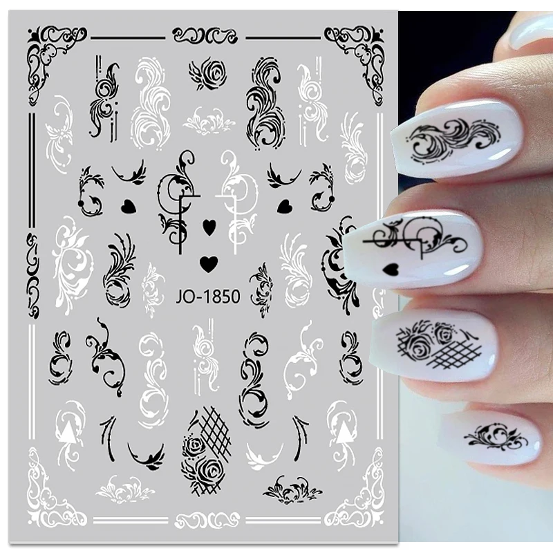 

1PC Black White Flower 3D Nail Stickers Vintage Rose Floral Leaves Nail Decals Self Adhesive Sliders Paper Nail Art Decorations