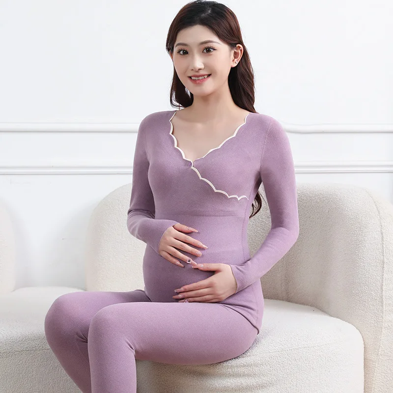 Pregnant Women's Clothing Set Autumn And Winter German Fleece Thermal Underwear With Cups Nursing Clothes Homewear Two-Piece Set 4