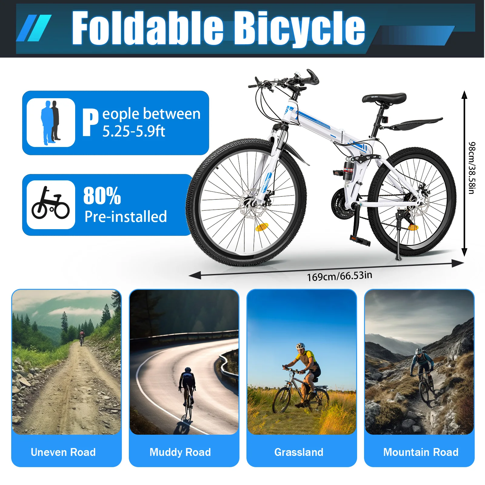 26 Inch Folding Mountain Bicycle 21 Speeds Portable Foldable Bike High Carbon Steel Body Dual Disc Brakes Bicycle