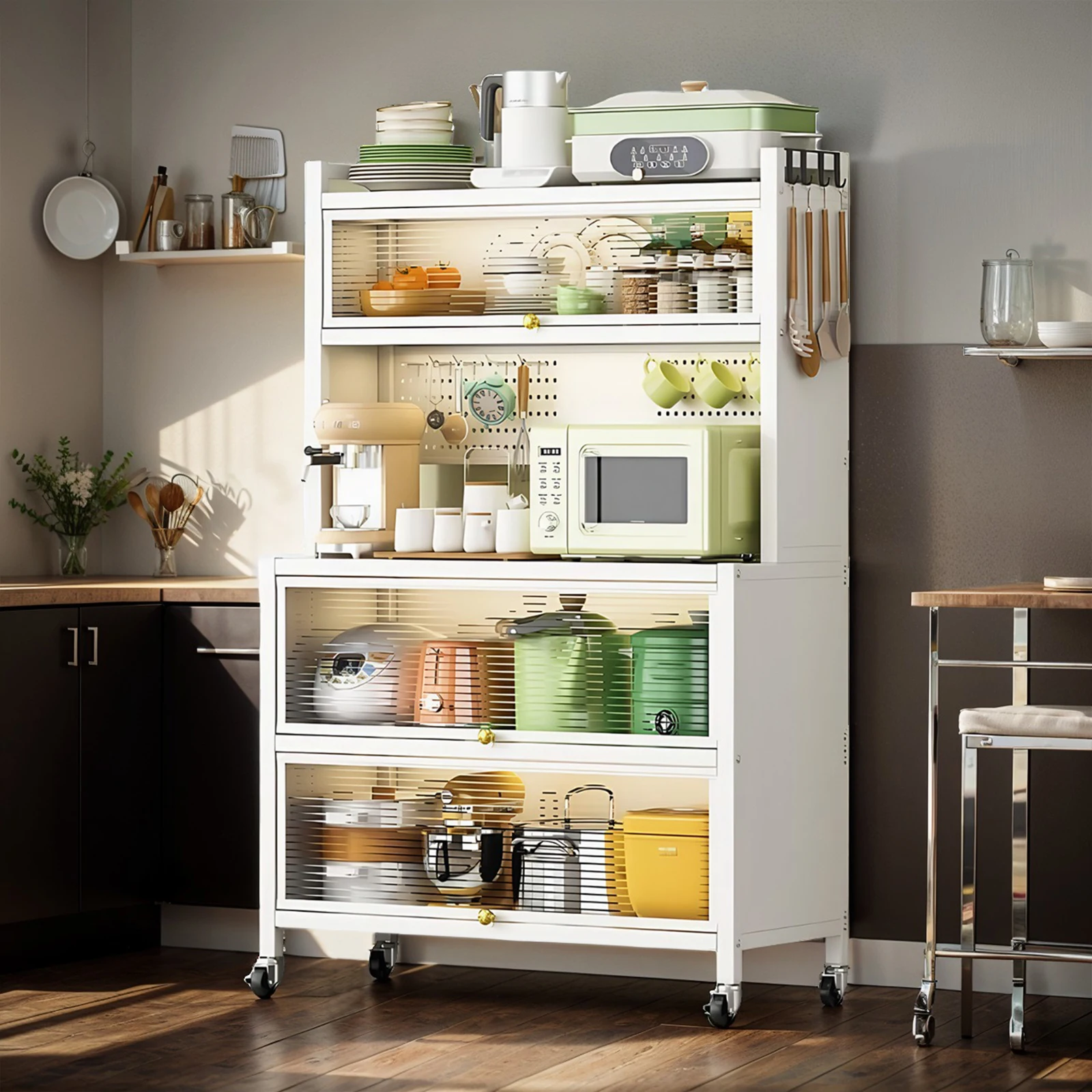 Wheeled Sideboard Kitchen Rack with Locker Hole Board Multi-Layer Floor Storage Cabinet Wear Resist Microwave Oven Pot Oven Rack