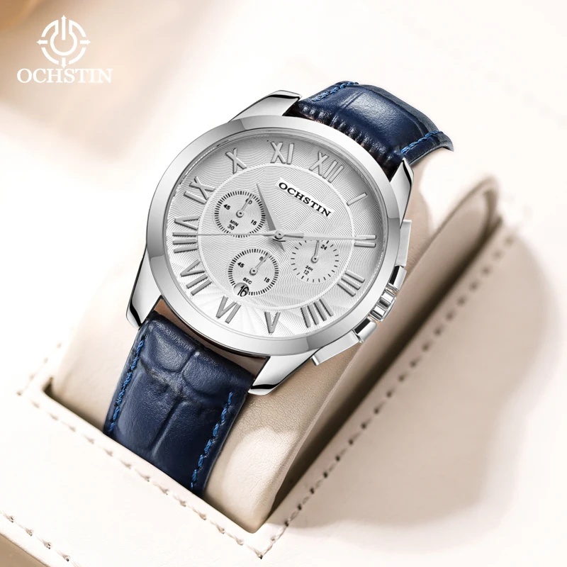 OCHSTIN Prominente Series Luxury Men's Quartz Watch Leather Strap Multi-functional Sports Business Date Quartz Clock