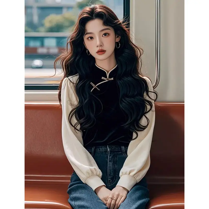 Chinese Improved Top Long Sleeve Autumn Winter Qipao Top Bottom New Chinese Style Black Velvet Button Shirt For Women