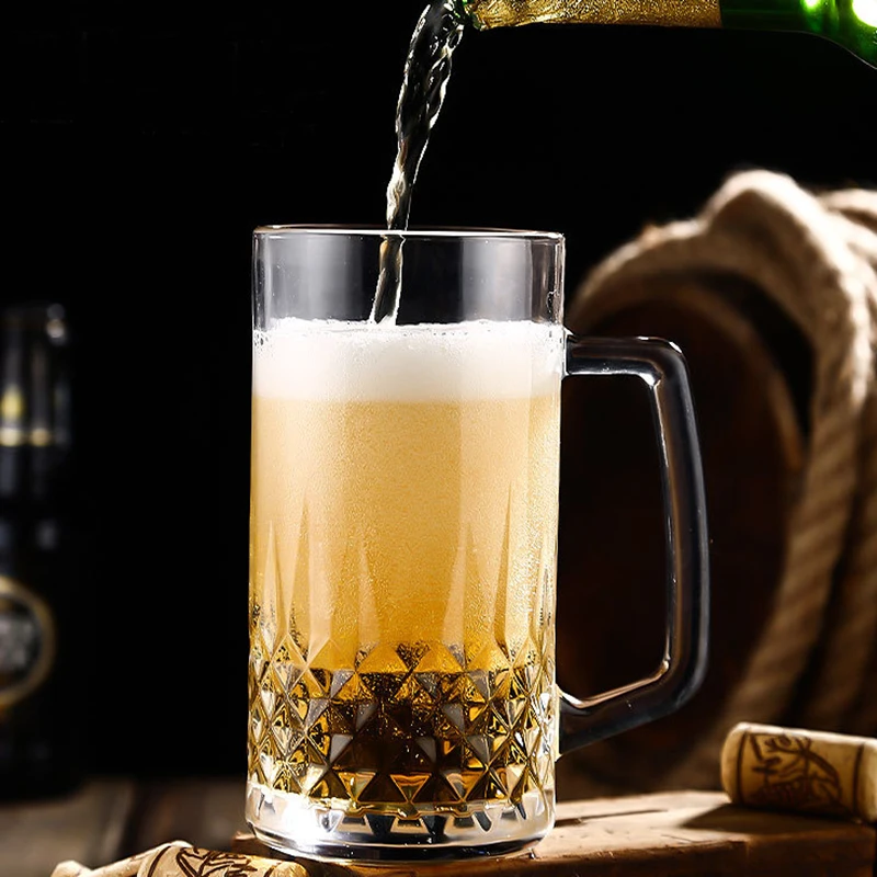 550ml Diamond Carved Beer Glass Craft Beer Glass with Handle Wine Utensils Party Bar Creative Wheat Cup Tea Mug Drinkware