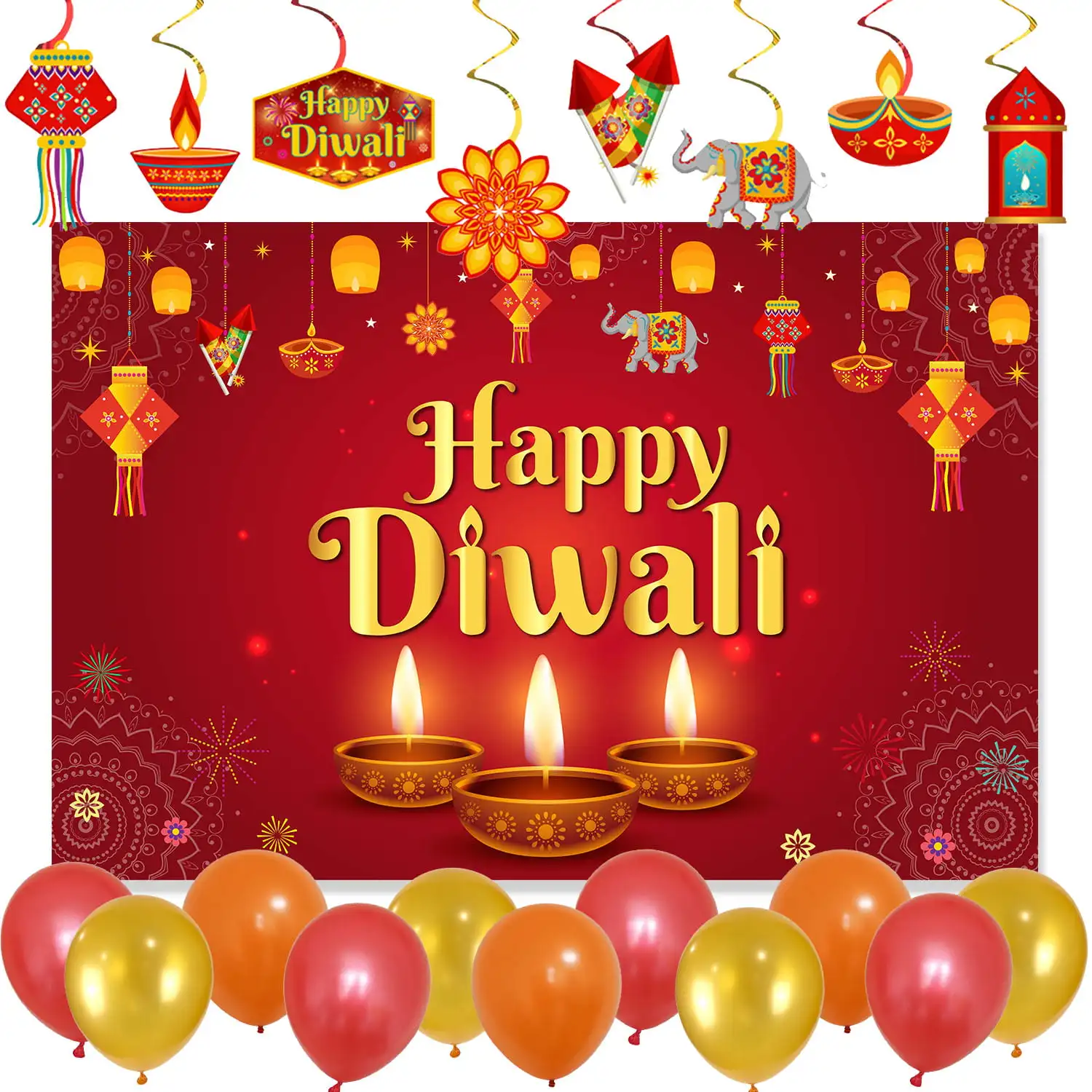

Happy Diwali Backdrop with Lights, Candles Pattern, Red Gold Balloon, Hanging Swirls, Party Decorations Supplies