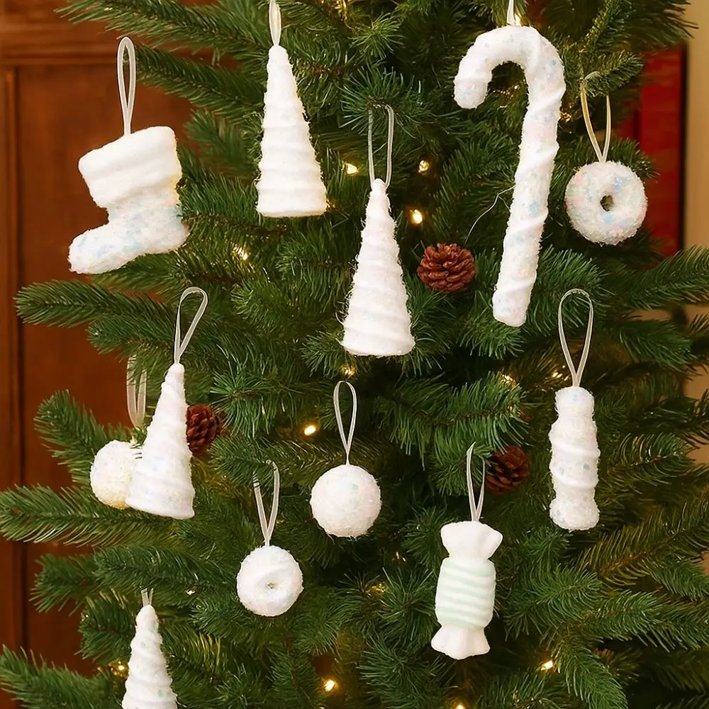 Cute Foam Christmas Hanging Pendant Flocking White Xmas Tree Decor DIY Candy Cane Ornament New Year