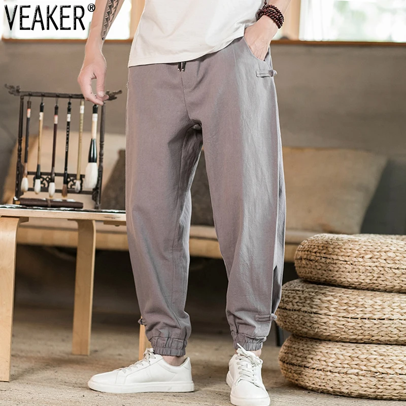 

2022 New Men's Casual Cotton Linen Loose Pants Male Solid Color Breathable Wide Leg Pants Trousers M-5XL