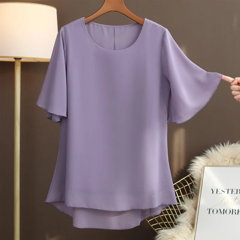 

Oversized 5XL 6XL Chiffon Women Blouse Summer New 2022 Flare Sleeved Loose Solid Elegant Slim Office Lady Pulls Outwear Tops