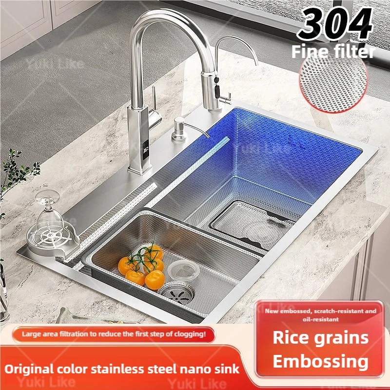 Silver Stainless Steel Kitchen Sink 304 Multifunctional Large Single Slot Household Dishes Fruit and Vegetables Wash Basin