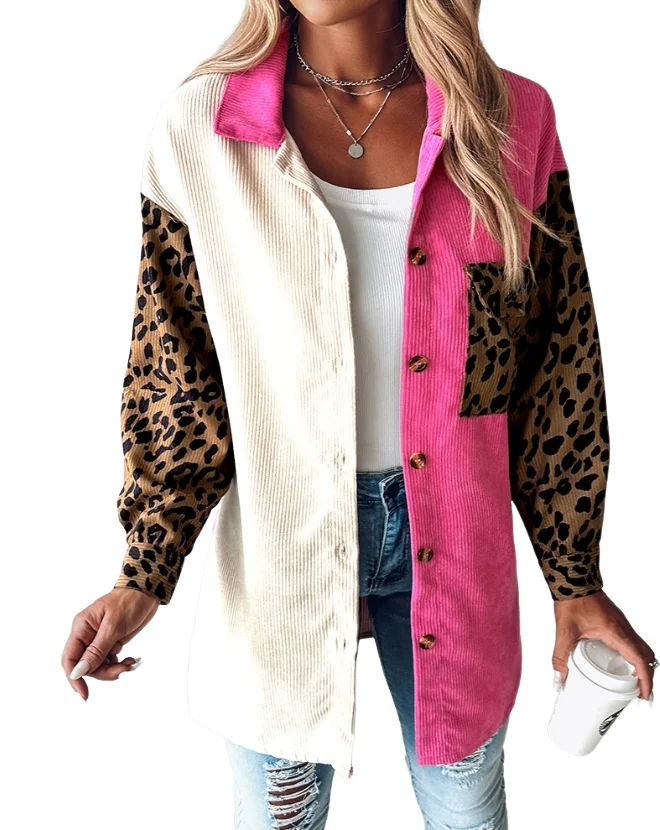 Color Blocking Leopard Print Argyle Wheat Grain Shacket Coat Women's New Hot Selling Fashion 2023 Stock Single Breasted Jacket houndstock printed color blocking top and pocket design pants set 2023 new hot selling women s fashion