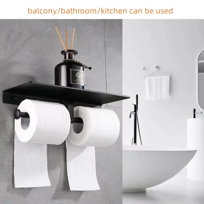 

Toilet Paper Holder Black Space Aluminum Bathroom Tissue Paper Holder Wall Mount Storage Shelf Dual Paper Racks Roll Paper Hooks