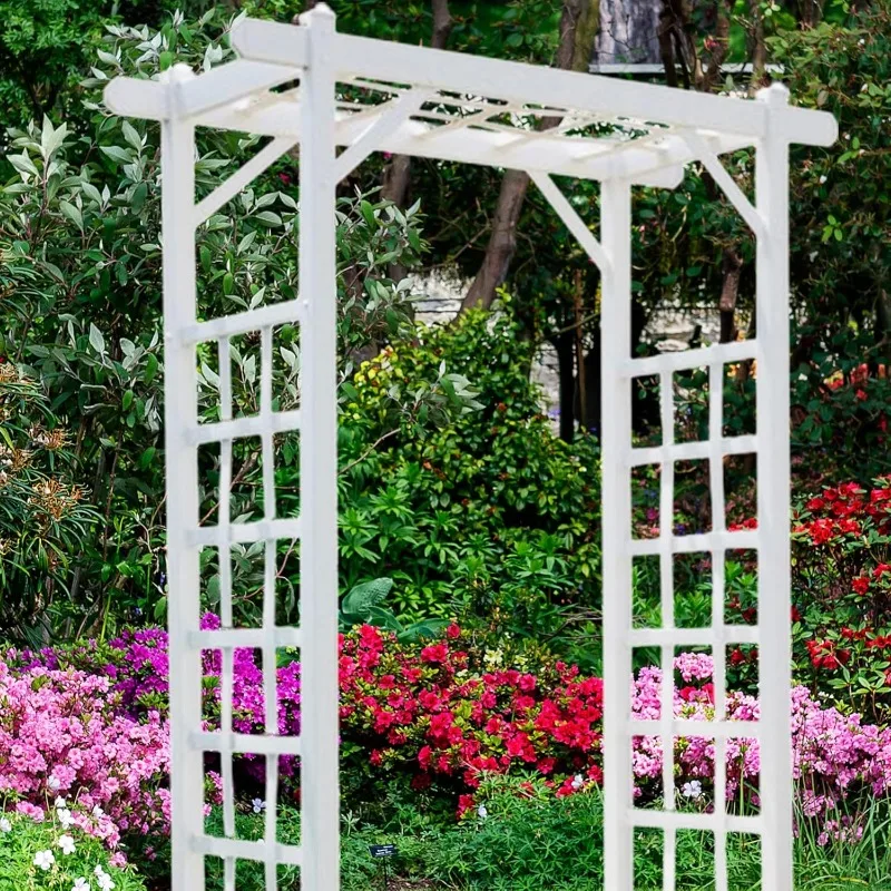 Elmwood Arbor, 57 by 84 Inch PVC Patio Garden Arch, Outdoor Lattice Frame Decoration or Trellis for Climbing Plants, White