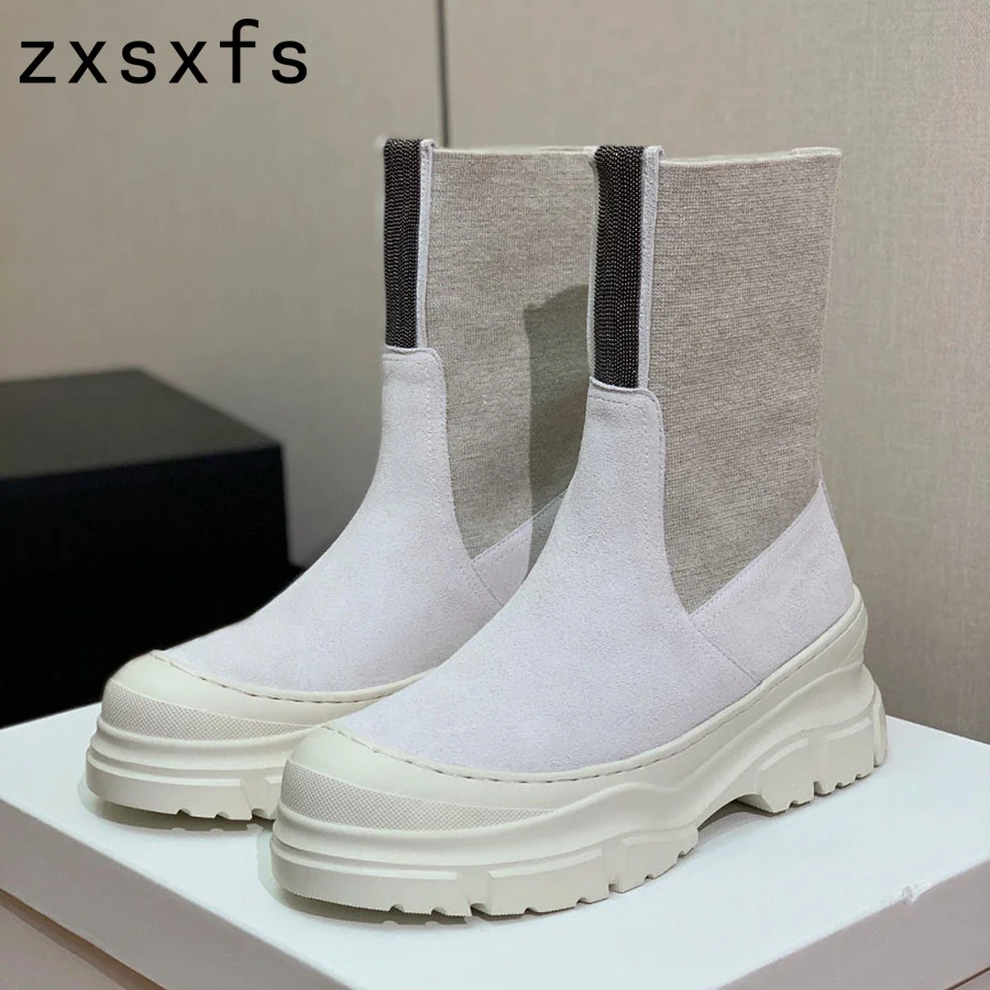 Hot Thick Sole Platform Chelsea Boots Women Quality Suede Leather Mid Calf Short Boots Flat Knight Boots Women Winter Shoes