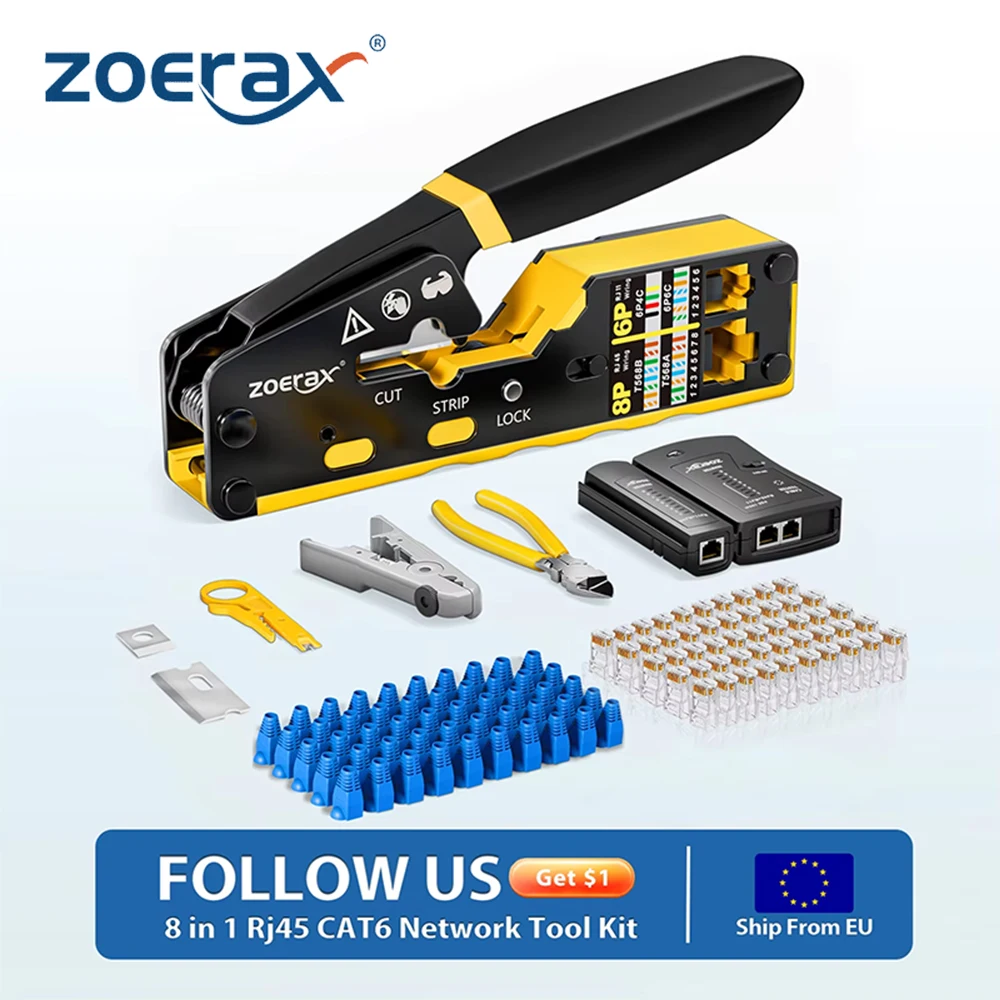 8 in 1 RJ45 Cat6 Cat5e Crimp Tool Kit Crimper tool Cable Tester Wire Cutter Blades 50Pcs Cat6 Connectors and Boots