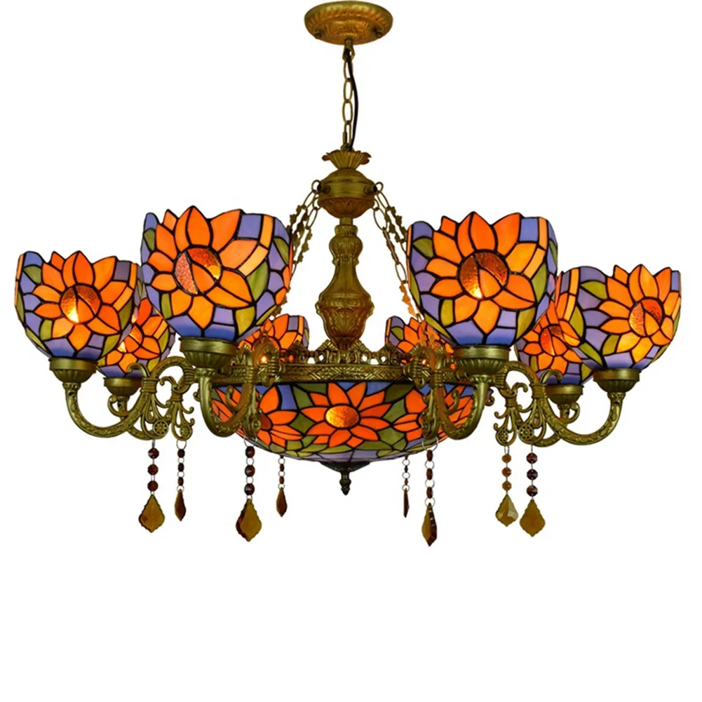 

8 Heads Chandelier Stained glass Big Chandelier Blue Sun Flower Colorful Style Glass Crystal Pendant Lamp For Lobby Living Room