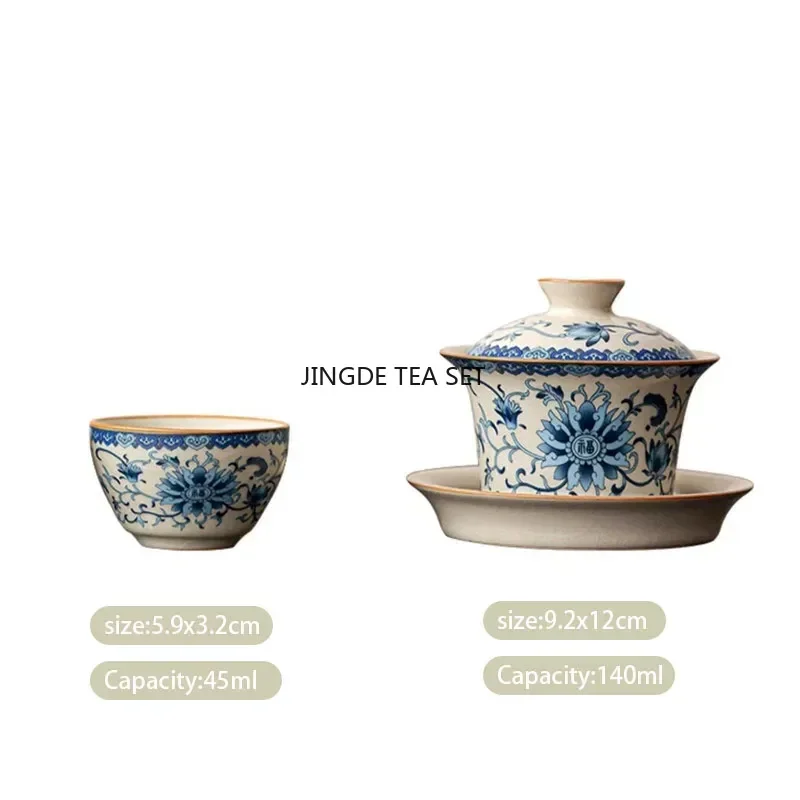 Chinese Traditional Blue and Flower Ru Kiln Gaiwan Teacup Handmade Ceramic Tea Tureen Household Tea Bowl Travel Portable Teaware