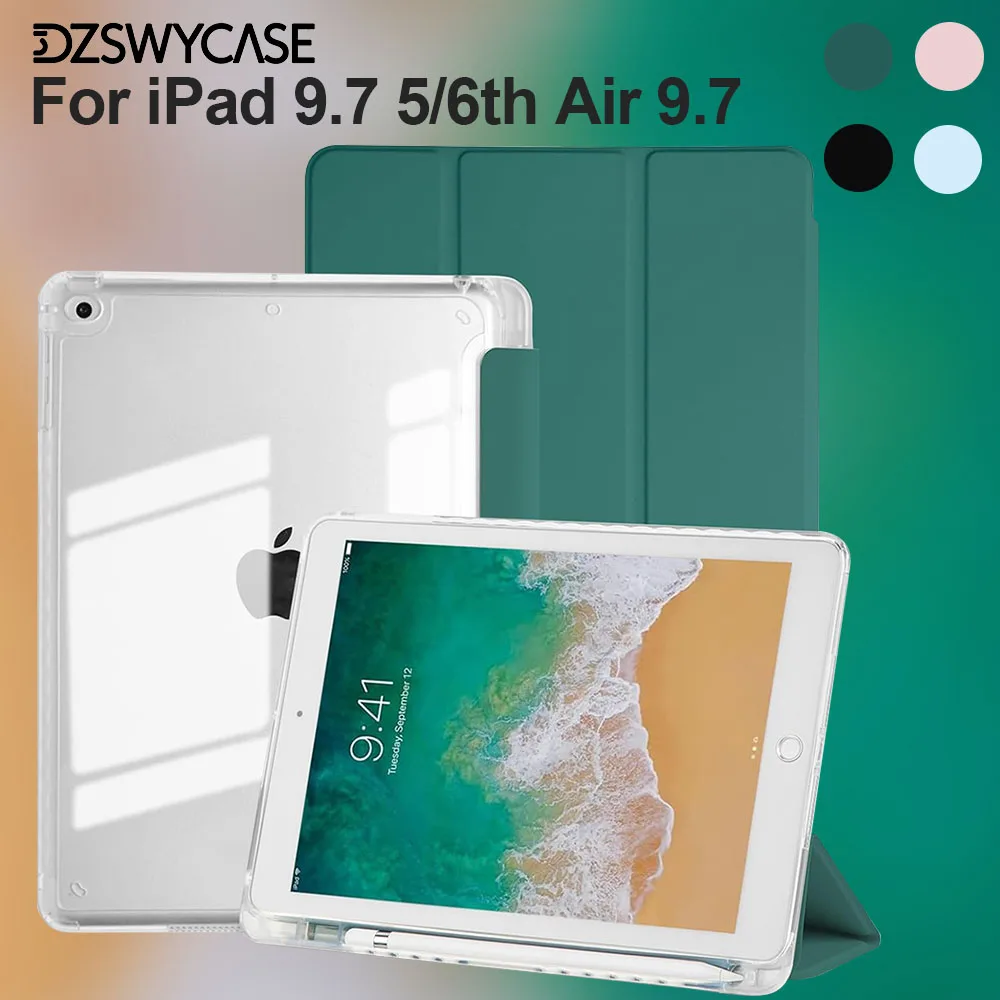 Premium iPad 9.7 Slim Case with Pencil Holder and Auto Sleep/Wake功能，透明背壳设计