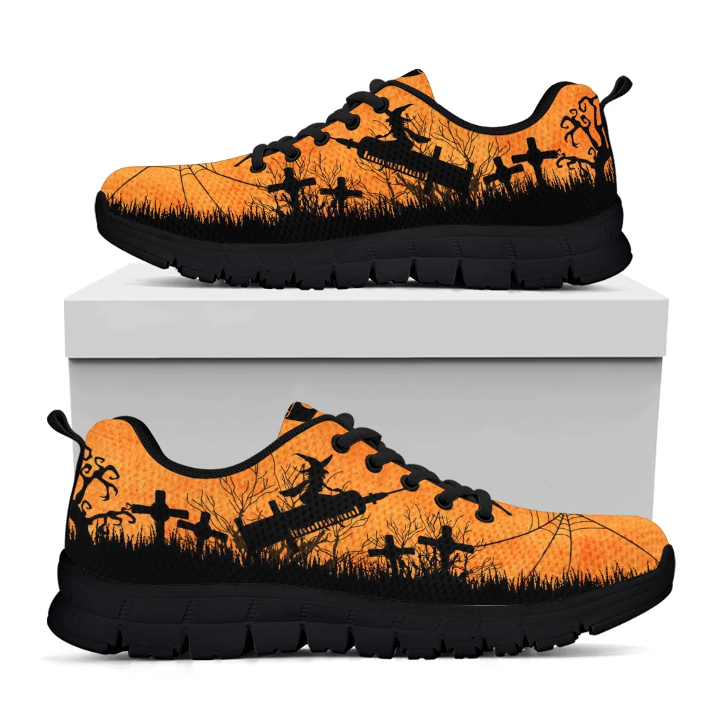 INSTANTARTS Ladies Casual Sneakers Shoes Fashion Halloween Witch Ghost Cobweb Printing Women Lace-up Flat Shoes Air Mesh Shoes